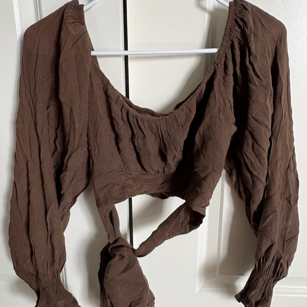 SHEIN Brown Tie Front Ruched Crop Blouse